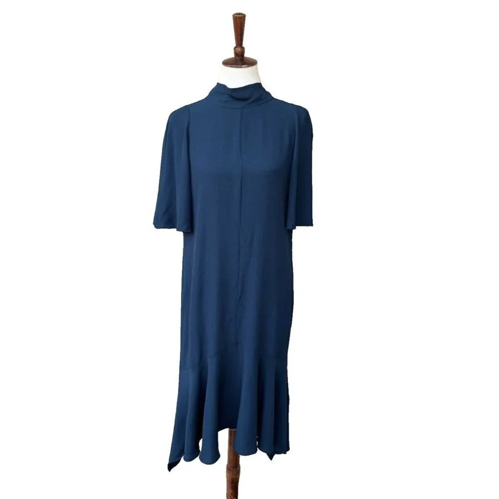 Lewit Women Green Scarab Mock Neck Back Tie Elbow Sleeve Rippling Dress Size 10 - Picture 9 of 16